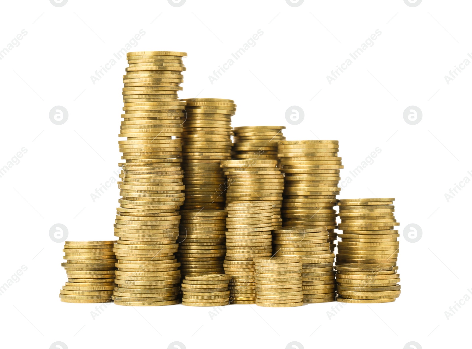 Photo of Many golden coins stacked on white background