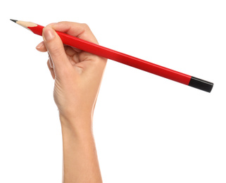 Woman holding ordinary pencil on white background, closeup