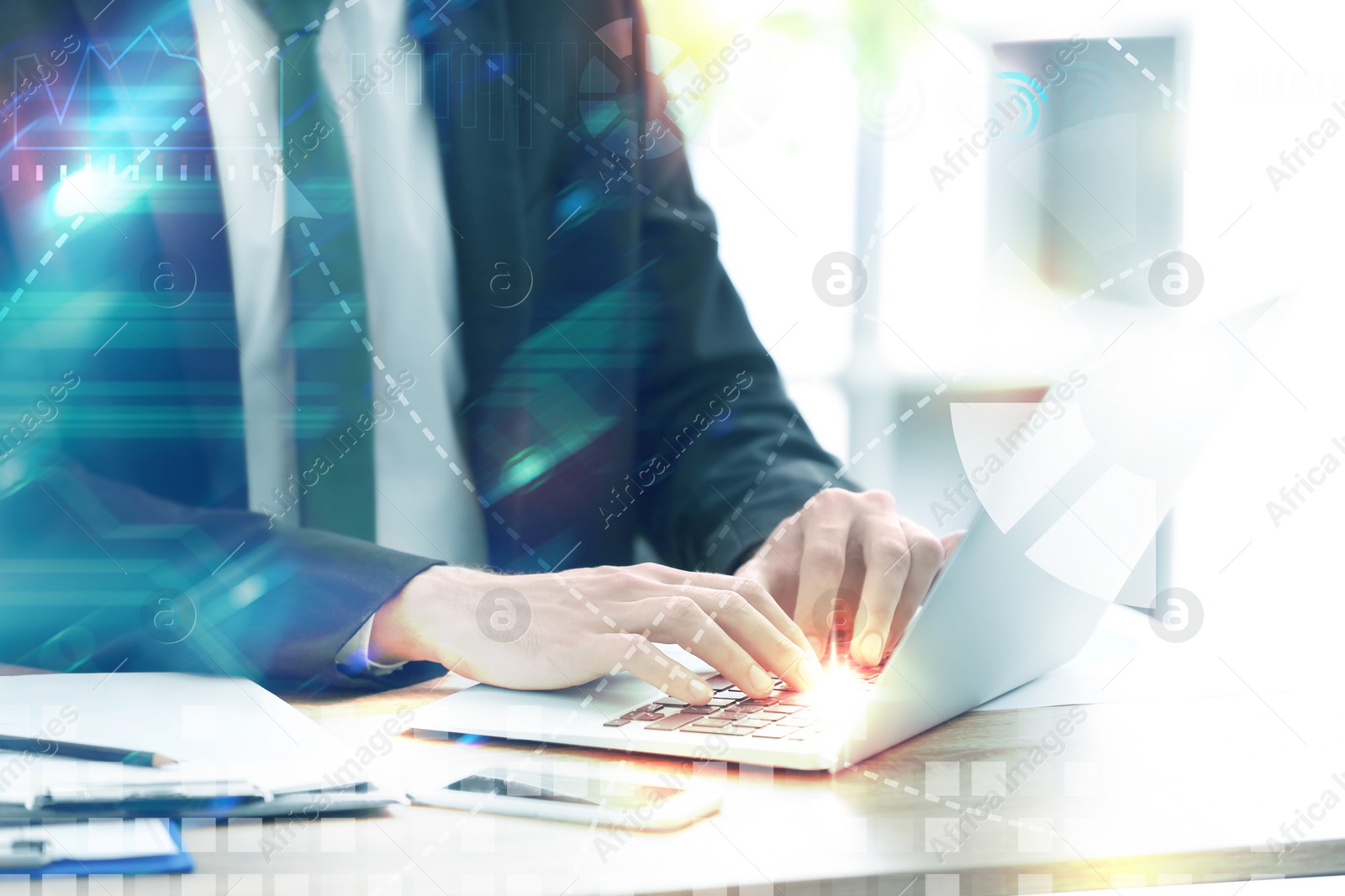 Image of Double exposure of man working on laptop in office and graph, closeup. Digital marketing concept 