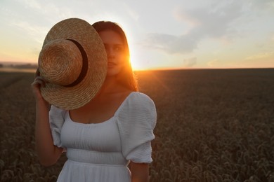 Photo of Beautiful young woman with straw hat in ripe wheat field at sunset, space for text