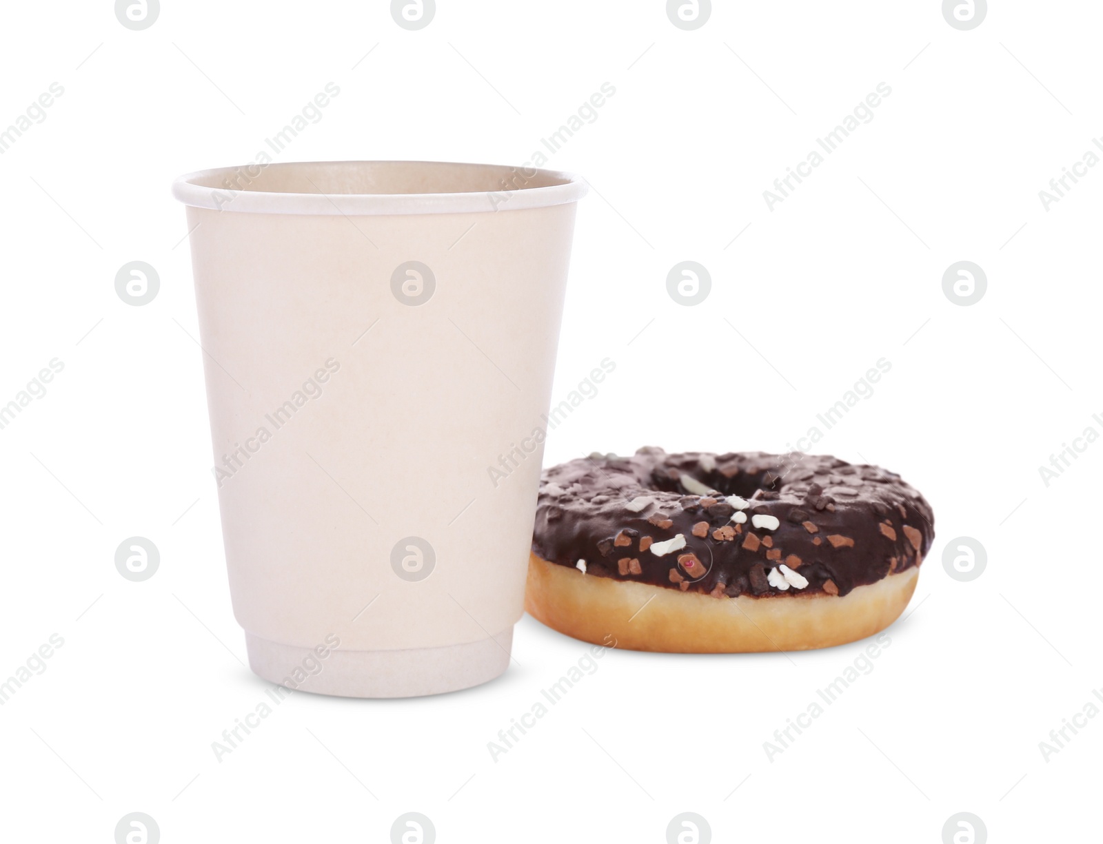 Photo of Tasty fresh donut with sprinkles and hot drink isolated on white