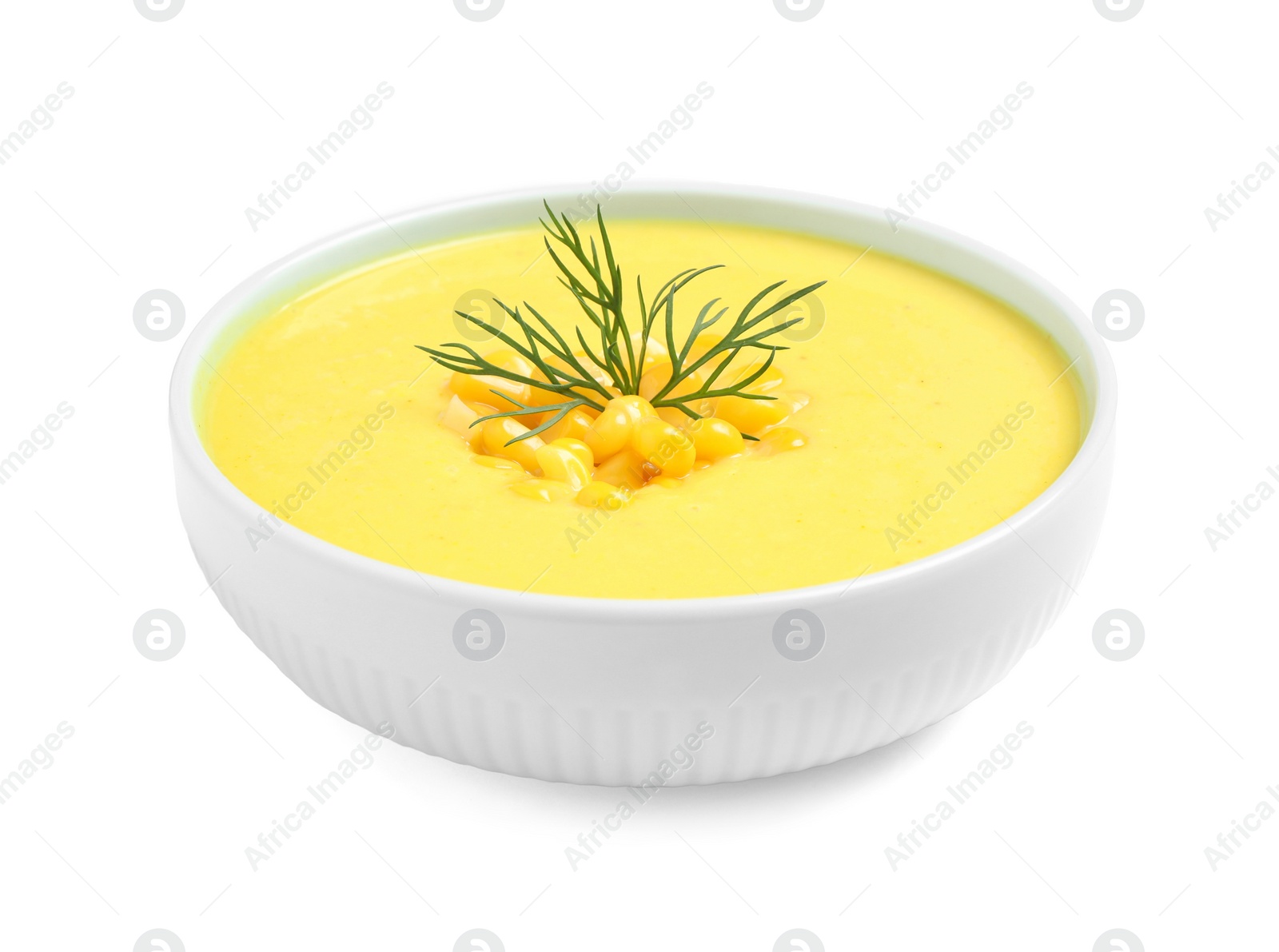 Photo of Delicious creamy corn soup isolated on white