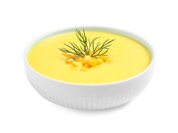 Photo of Delicious creamy corn soup isolated on white