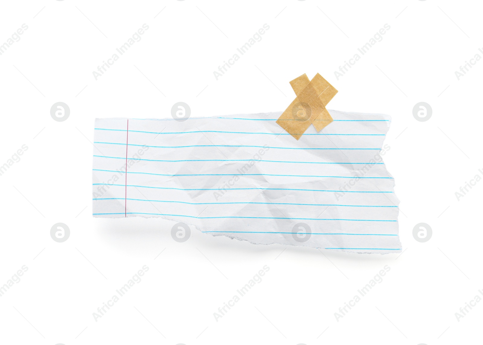 Photo of Piece of lined notebook sheet and adhesive tape isolated on white