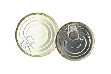 Photo of Closed tin cans isolated on white, top view