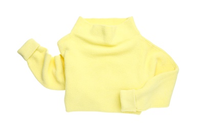 Photo of Yellow woolen sweater isolated on white, top view