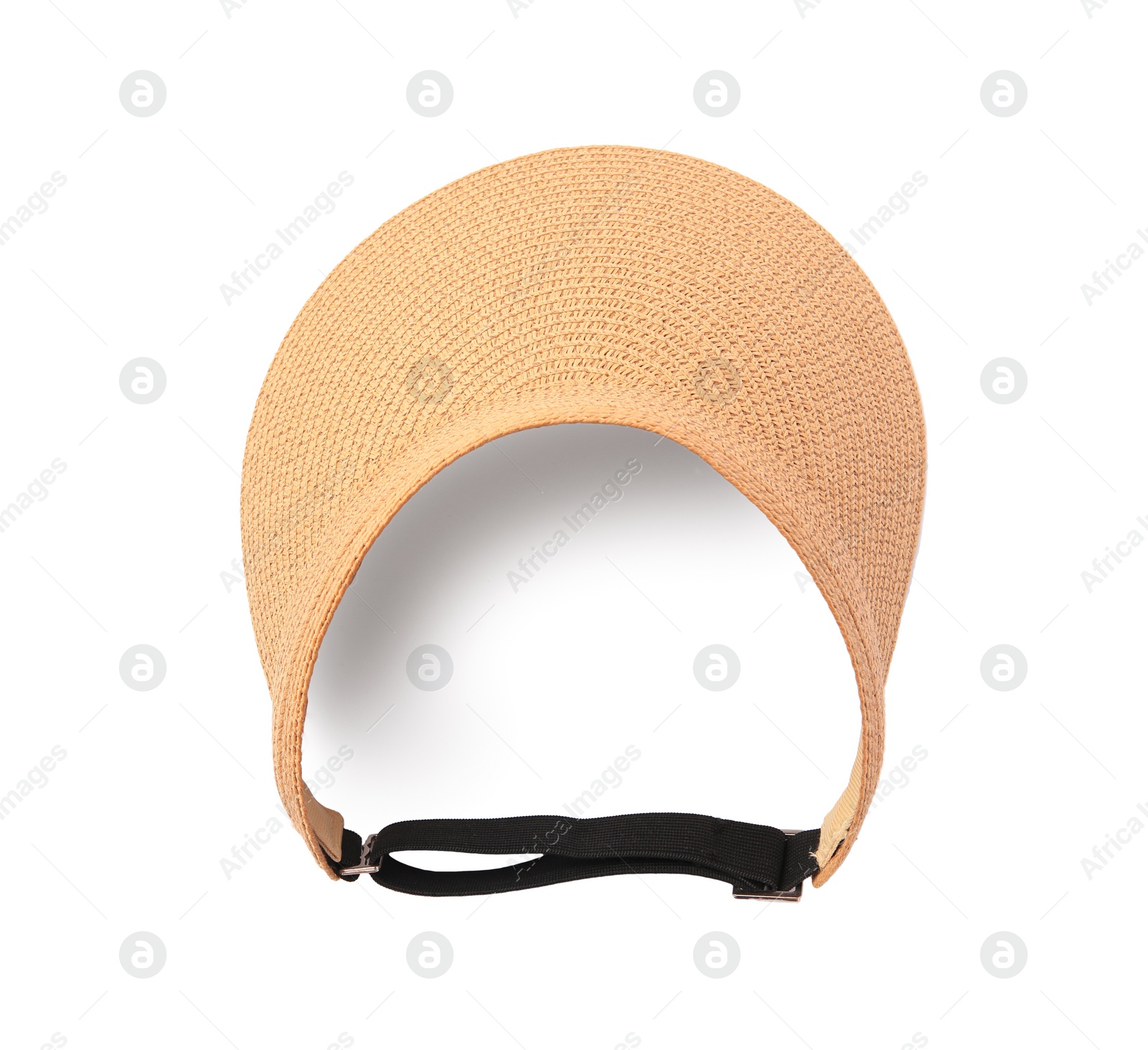 Photo of Stylish straw visor cap isolated on white, top view. Beach object