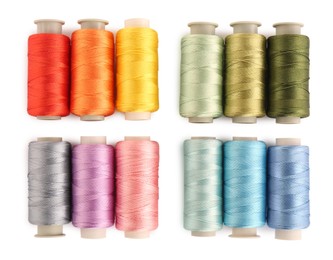 Set of colorful sewing threads on white background, top view