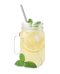 Photo of Natural lemonade with mint on white background. Summer refreshing drink