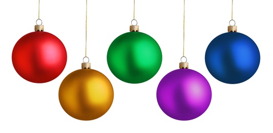 Image of Set of bright Christmas balls on white background. Banner design 