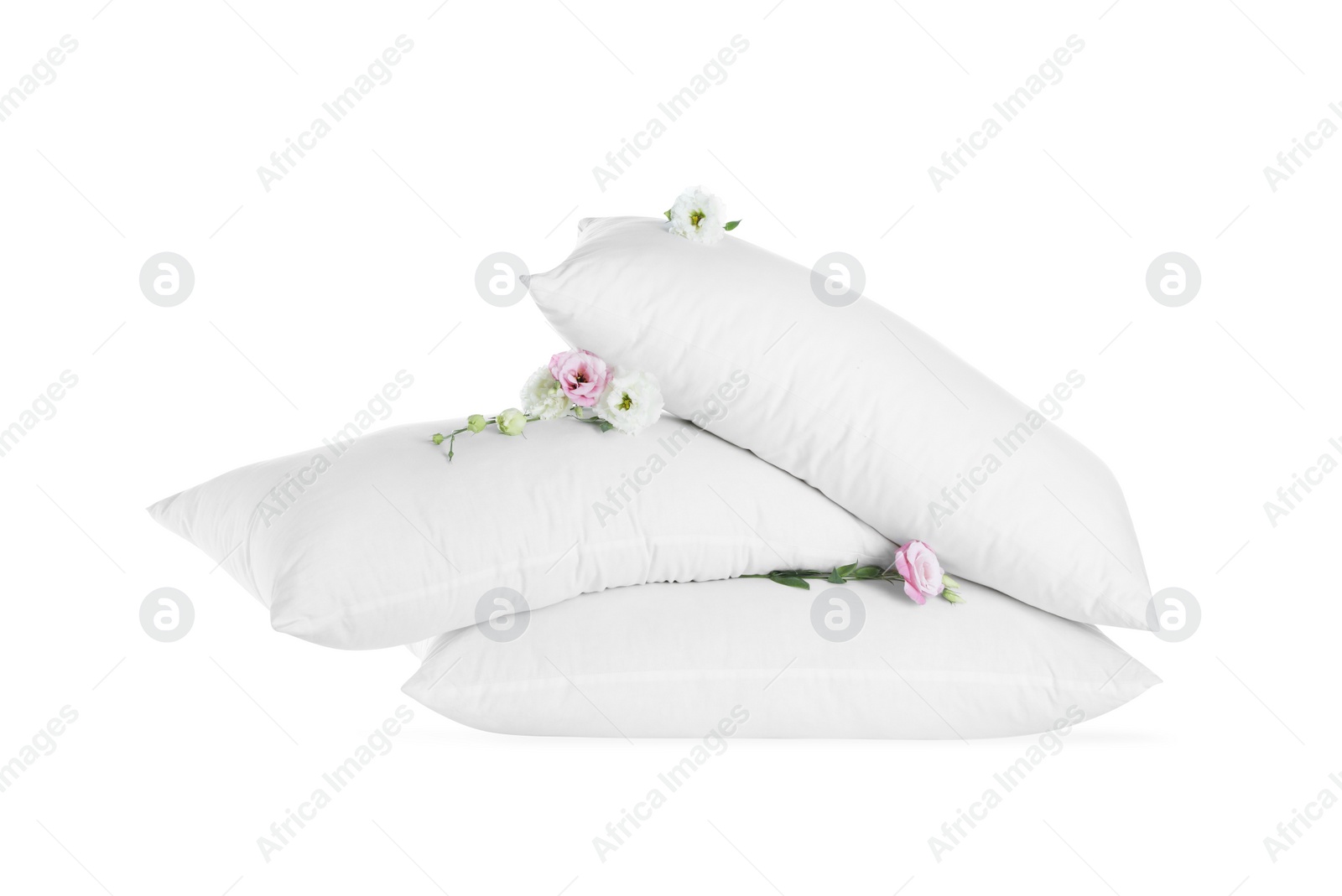 Photo of Soft pillows with beautiful flowers on white background