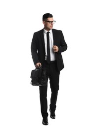 Photo of Businessman with stylish leather briefcase on white background