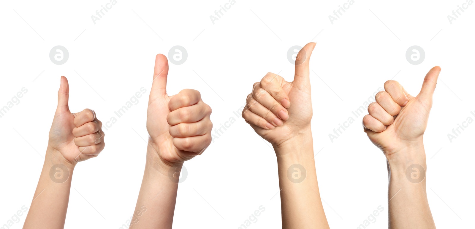 Image of Collage with photos of people showing thumbs up gestures on white background. Banner design