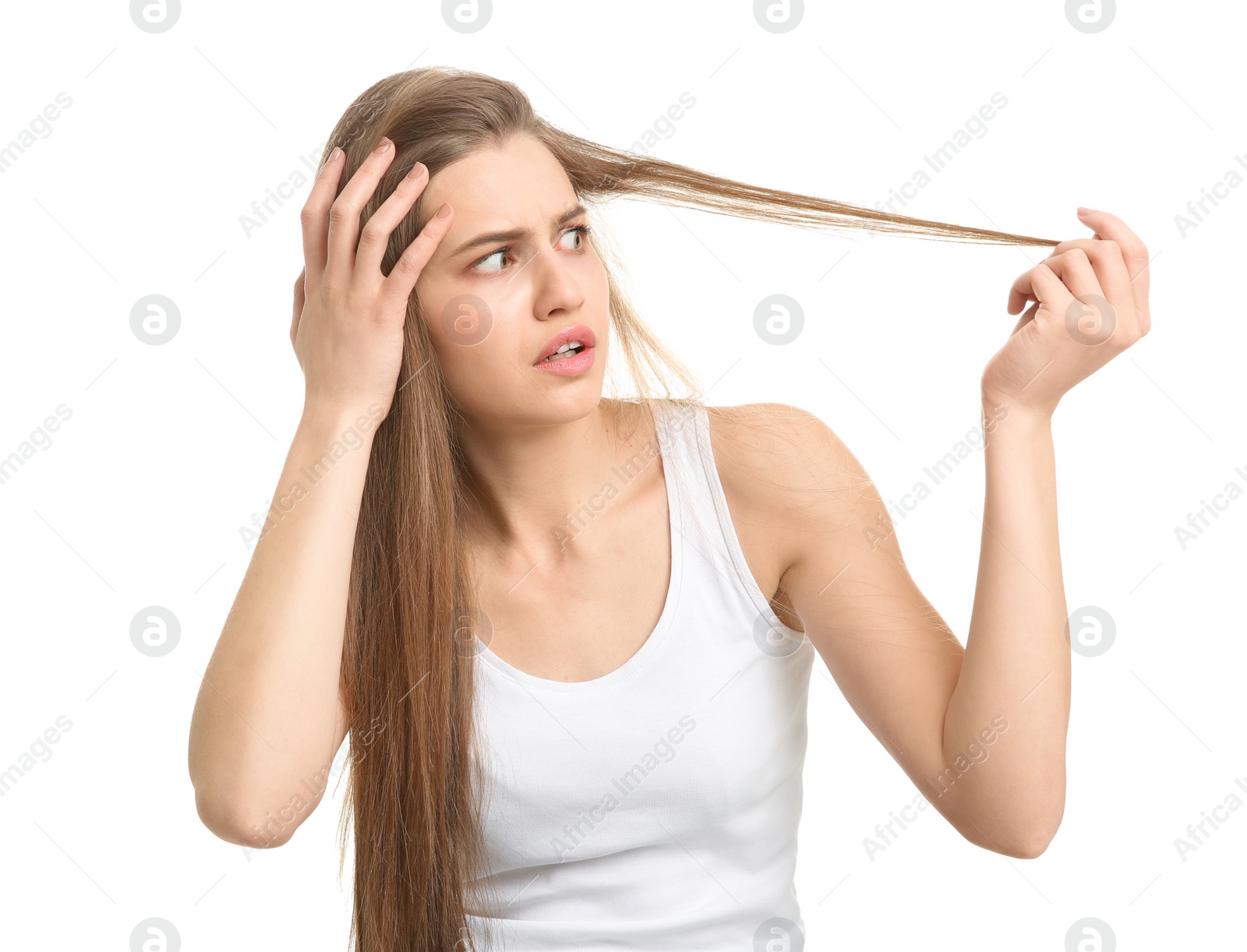 Photo of Young woman with hair loss problem on white background