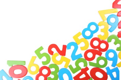 Colorful numbers on white background, top view