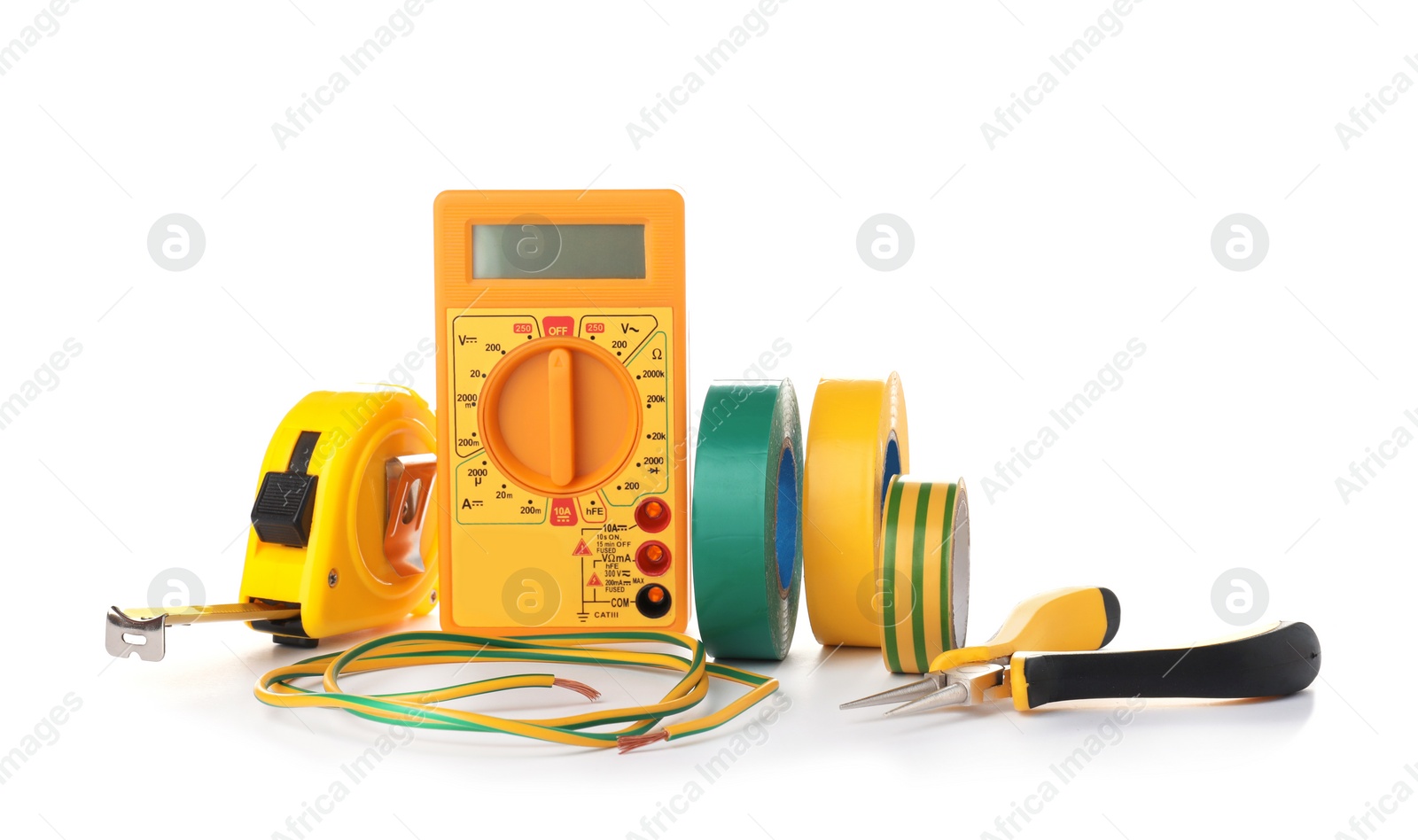 Photo of Set of electrician's tools on white background