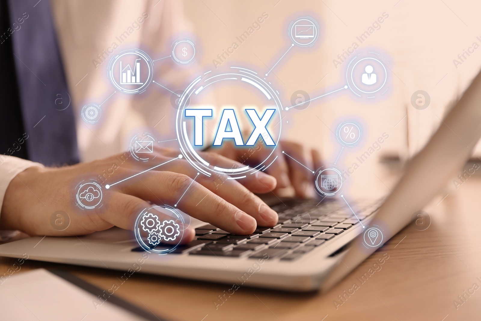 Image of Tax concept. Scheme with icons and man using laptop on background