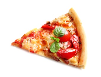 Slice of tasty pizza with tomatoes and sausages on white background