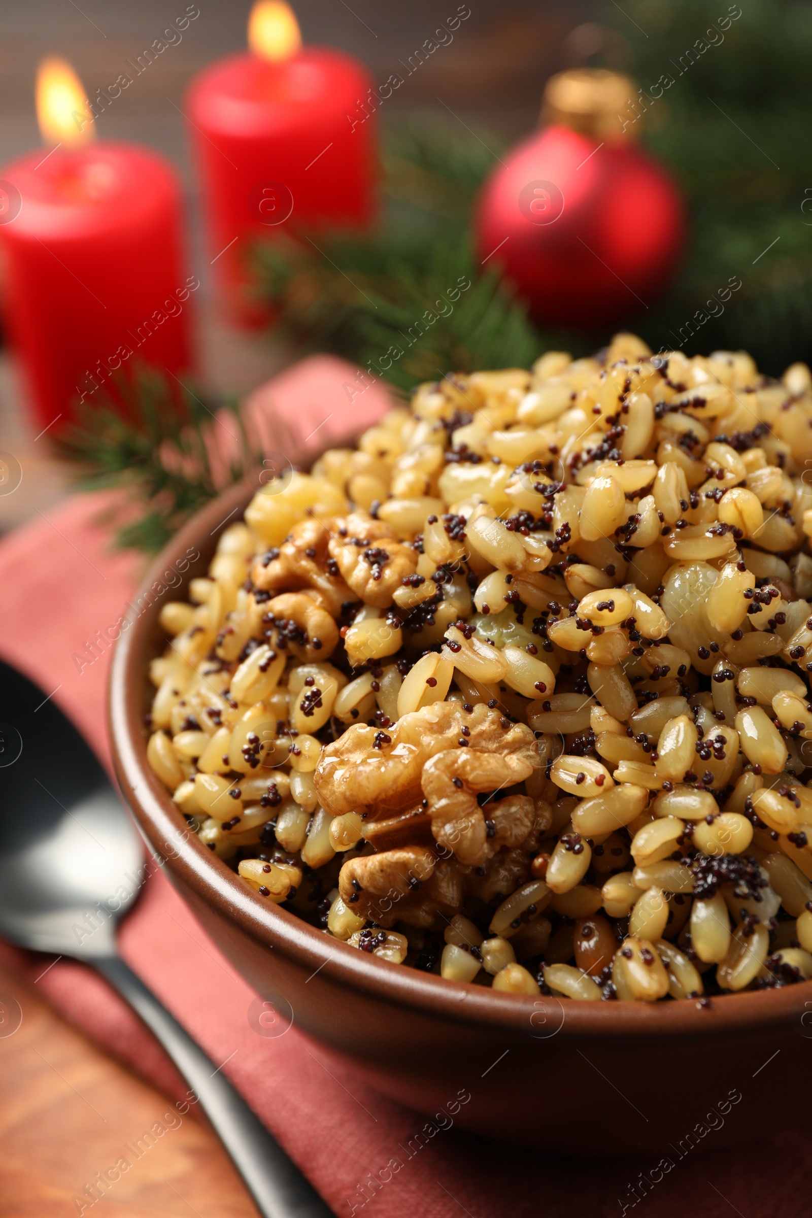 Photo of Traditional Christmas slavic dish kutia in bowl, closeup