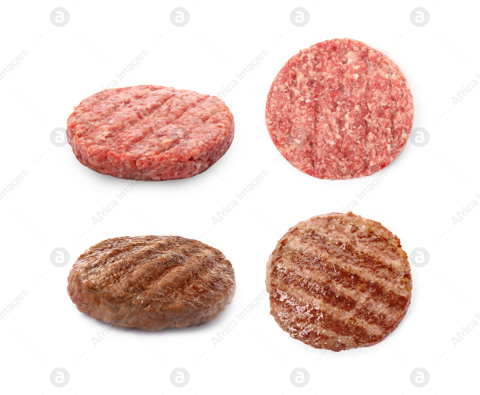 Image of Raw and grilled hamburger patties on white background, collage 