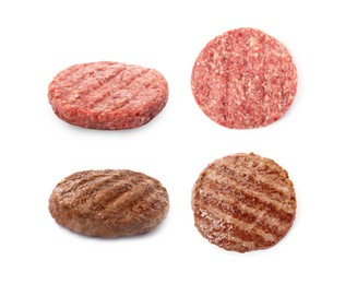 Raw and grilled hamburger patties on white background, collage 