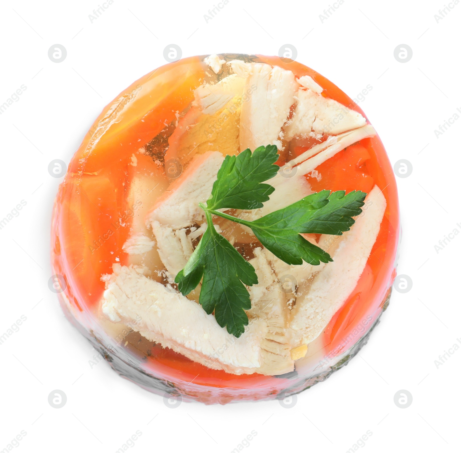 Photo of Delicious homemade chicken aspic isolated on white, top view