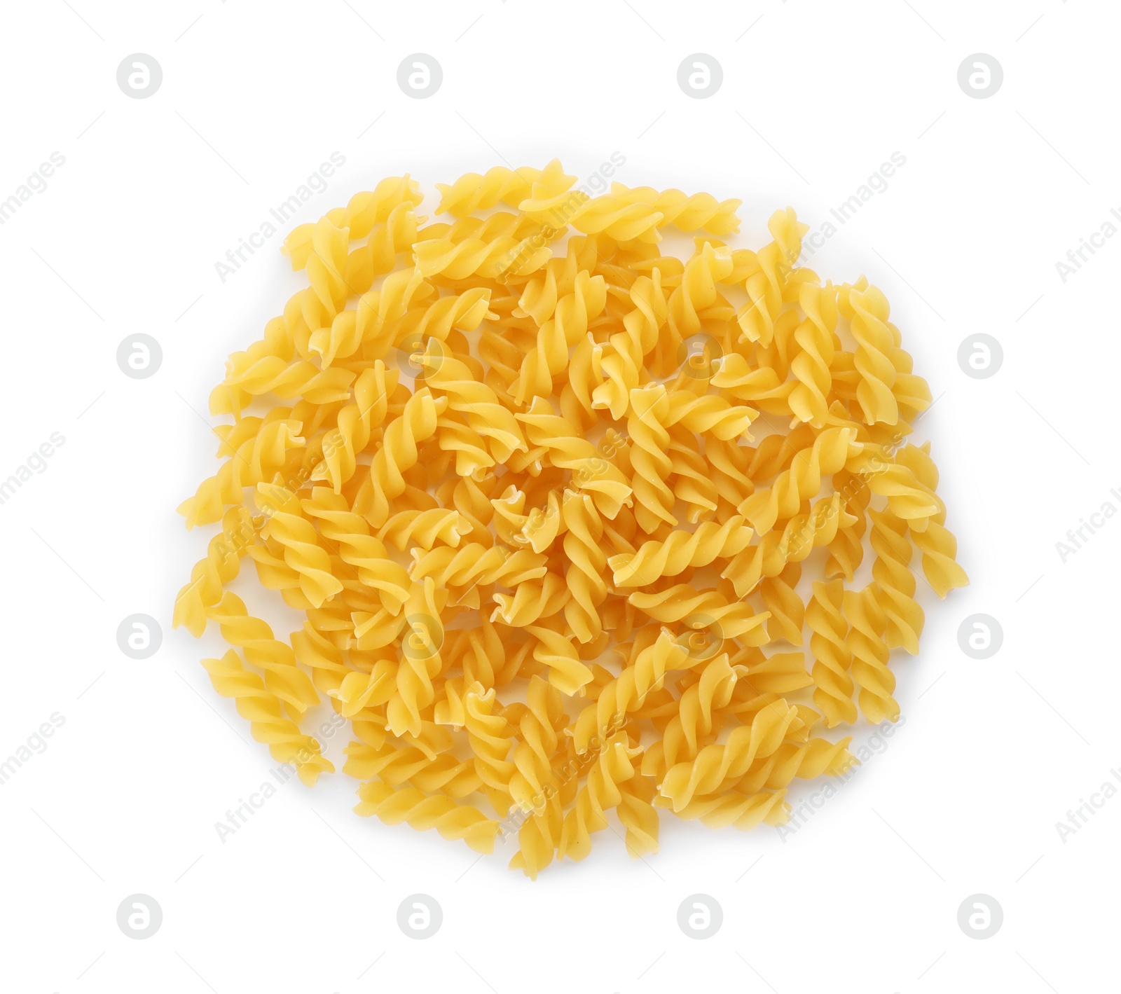 Photo of Uncooked fusilli pasta on white background, top view