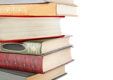 Photo of Stack of hardcover books on white background