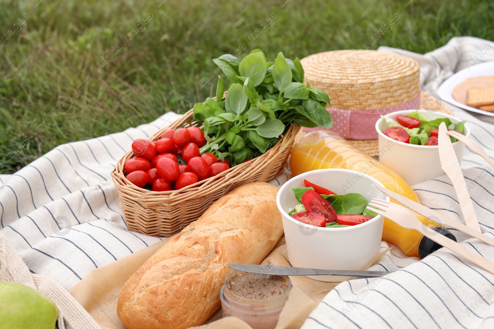 Photo of Picnic blanket with juice and food on green grass