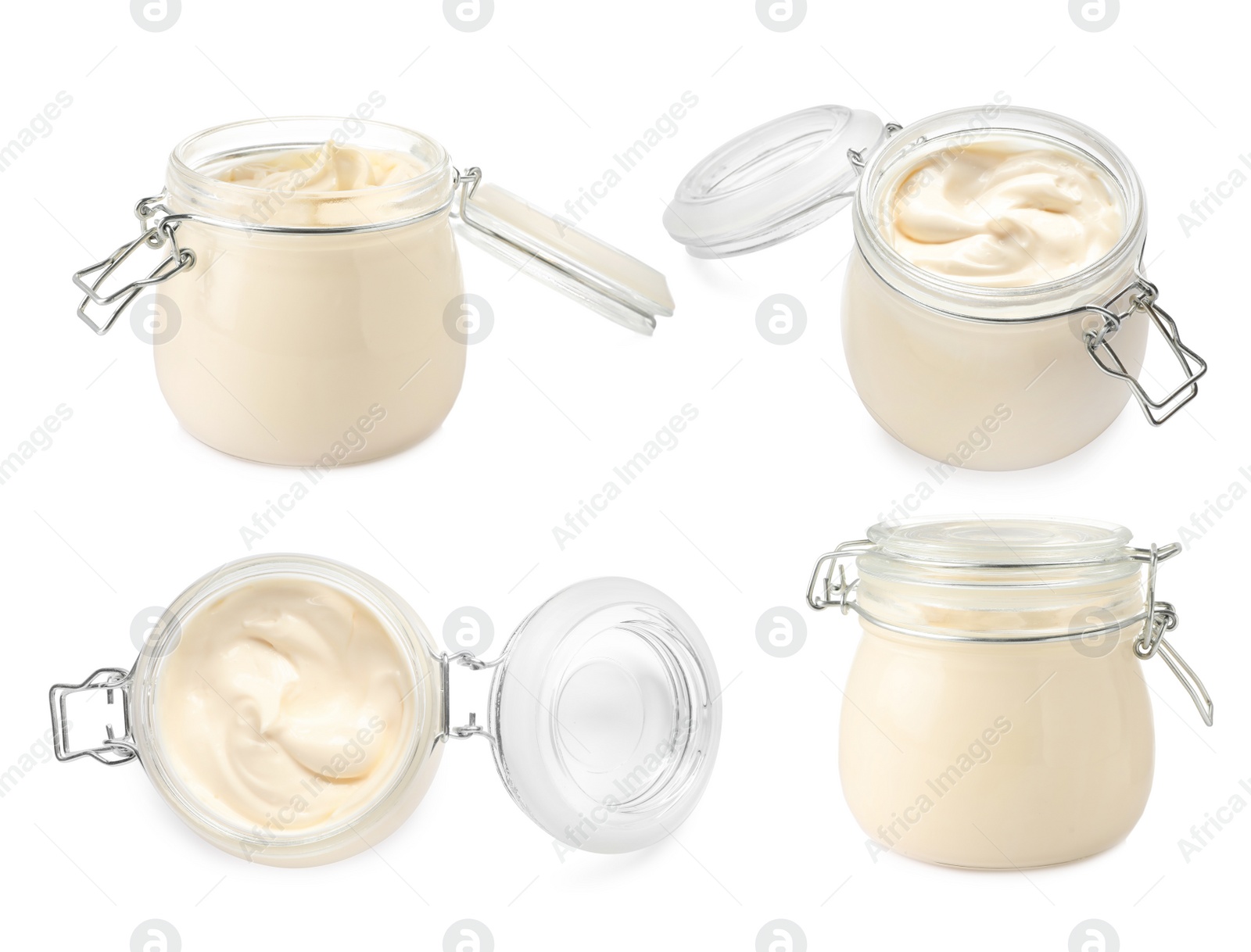 Image of Set with tasty mayonnaise on white background