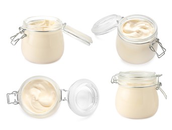 Image of Set with tasty mayonnaise on white background