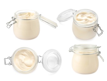 Set with tasty mayonnaise on white background