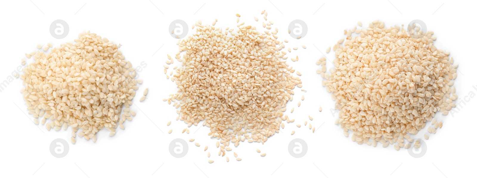 Image of Set with sesame seeds on white background, top view. Banner design