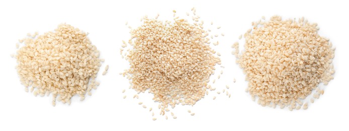 Image of Set with sesame seeds on white background, top view. Banner design