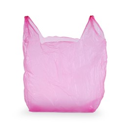 Photo of One pink plastic bag isolated on white