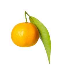 Photo of One fresh tangerine with green leaf isolated on white