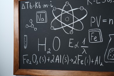 Blackboard with different mathematical formulas written in chalk on white wall