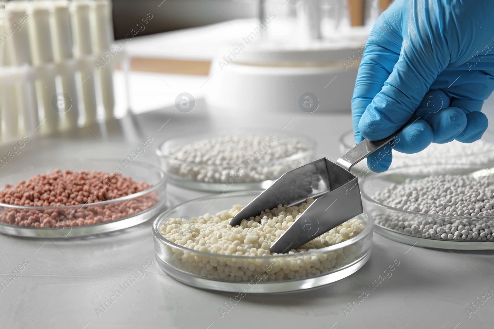 Photo of Scientist taking mineral fertilizer with scoop at table, closeup. Laboratory analysis