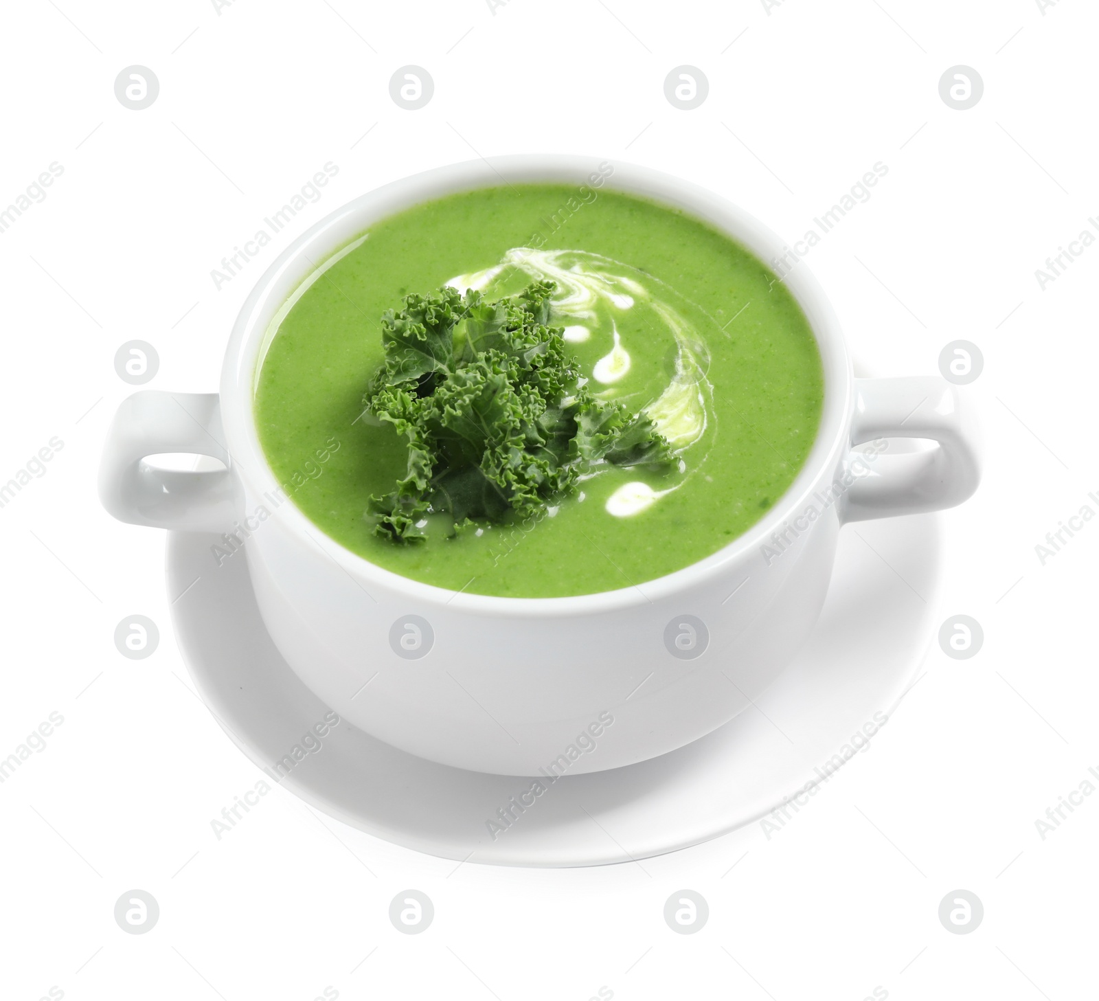 Photo of Tasty kale soup with cream isolated on white