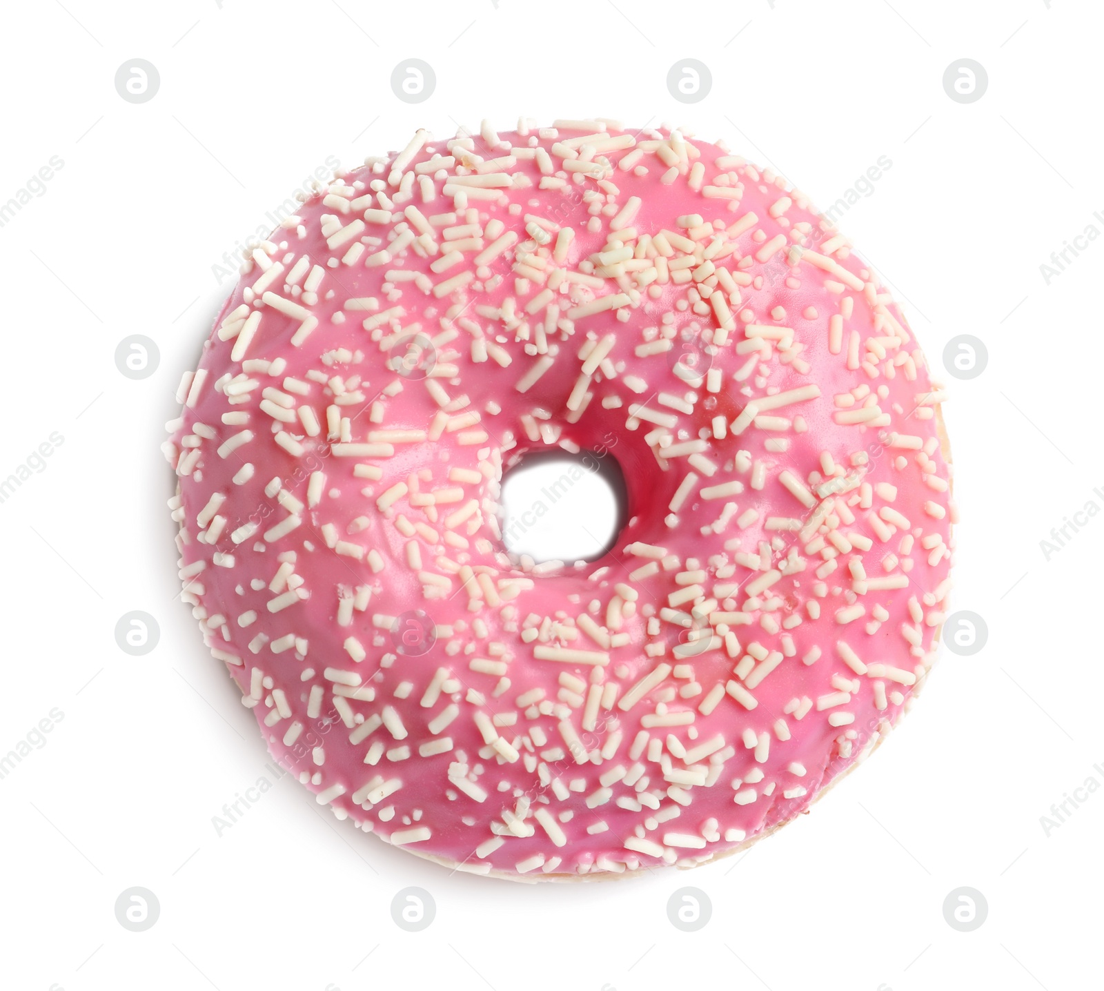 Photo of Delicious glazed doughnut with sprinkles on white background