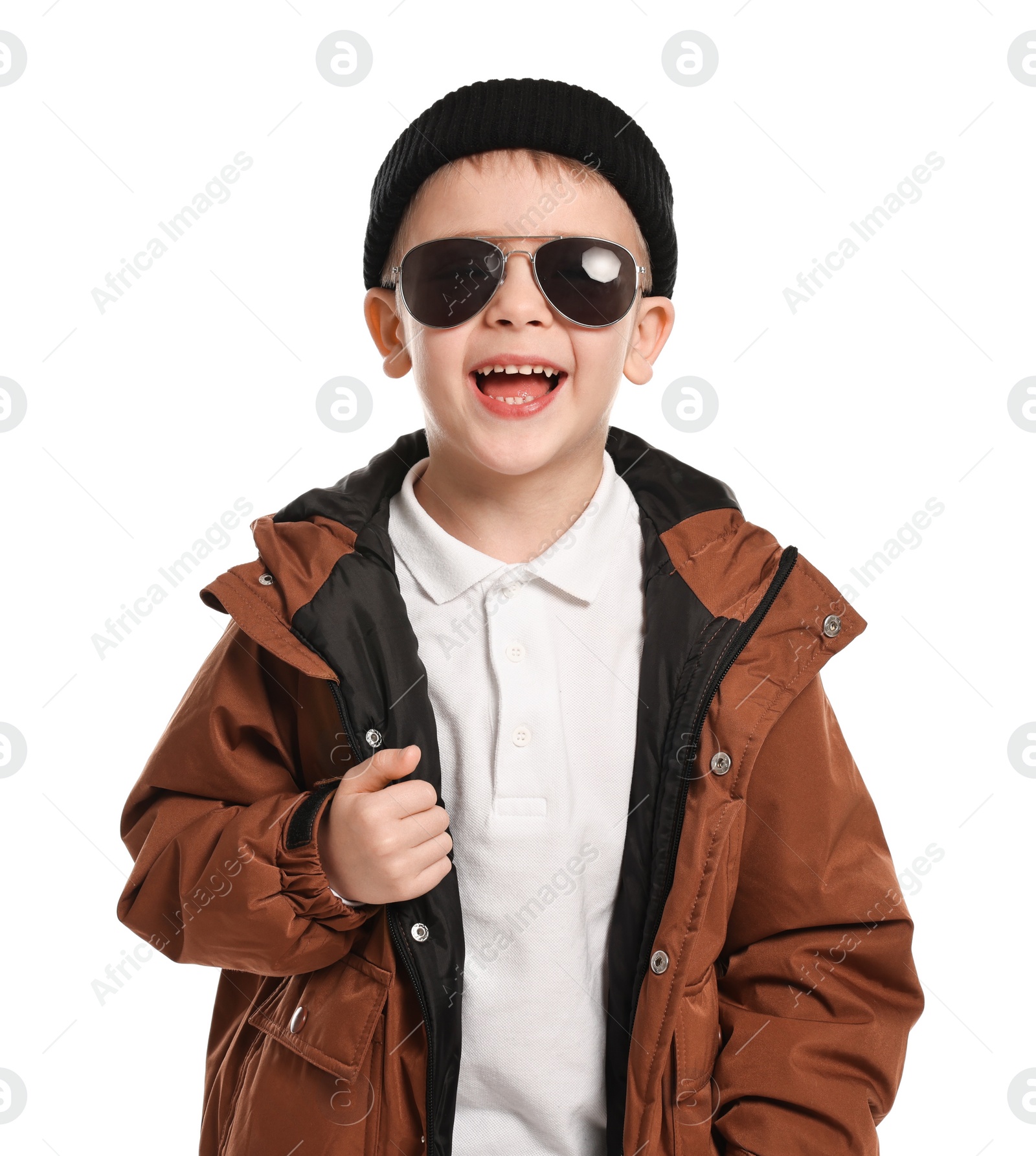 Photo of Fashion concept. Stylish boy with sunglasses on white background