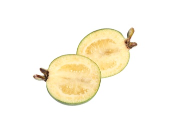 Photo of Delicious cut feijoa fruit on white background