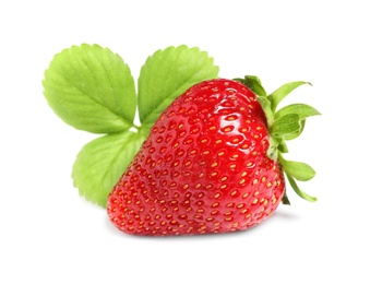 Photo of Delicious fresh ripe strawberry with leaves isolated on white