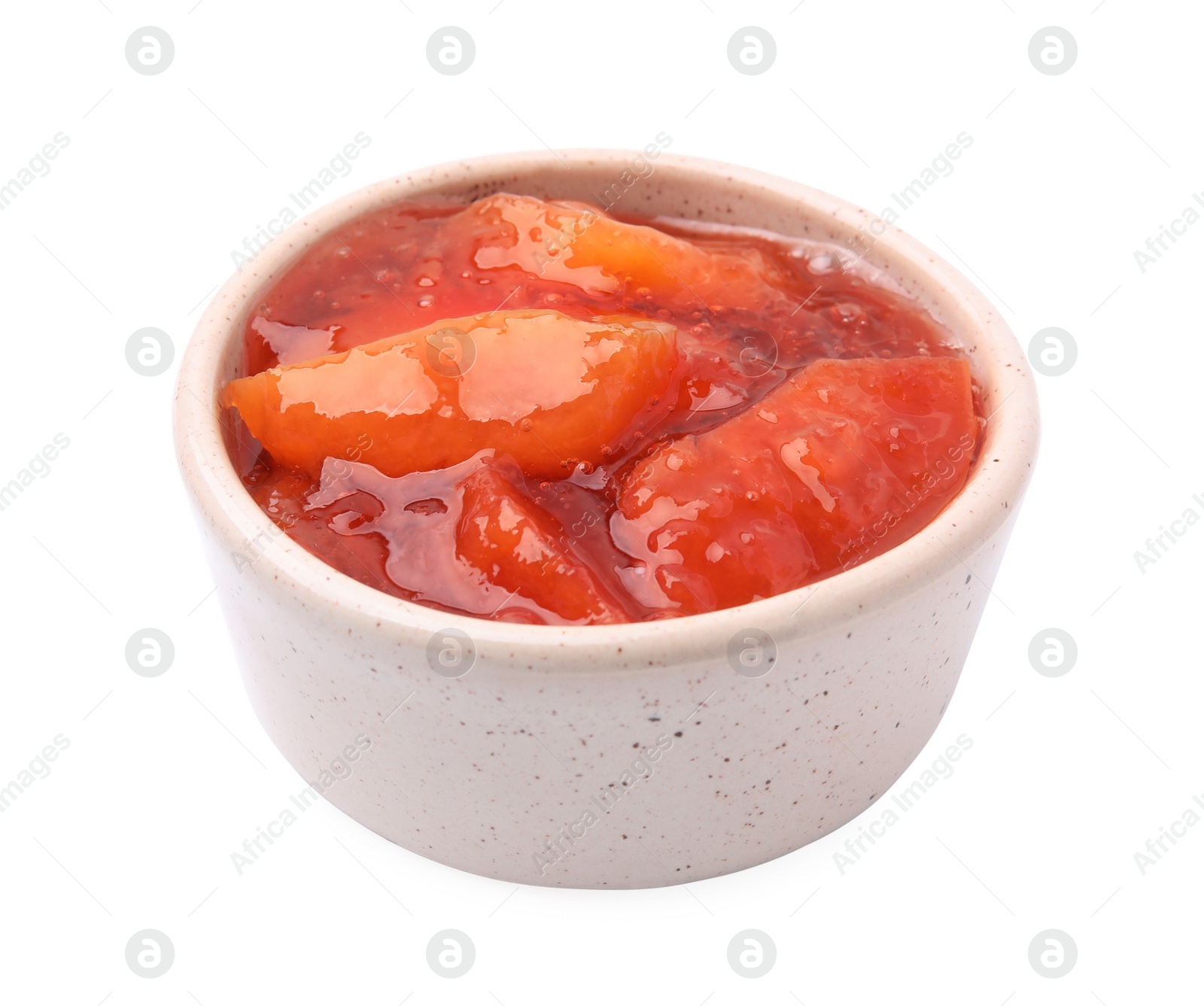 Photo of Bowl of tasty persimmon jam isolated on white