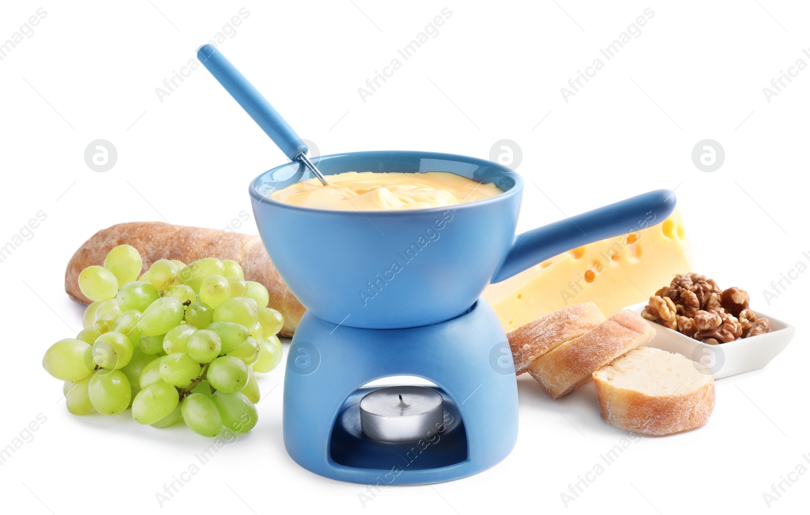 Photo of Composition with pot of delicious cheese fondue on white background