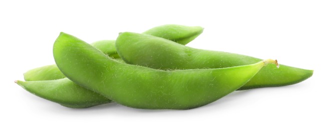 Photo of Raw green edamame pods on white background