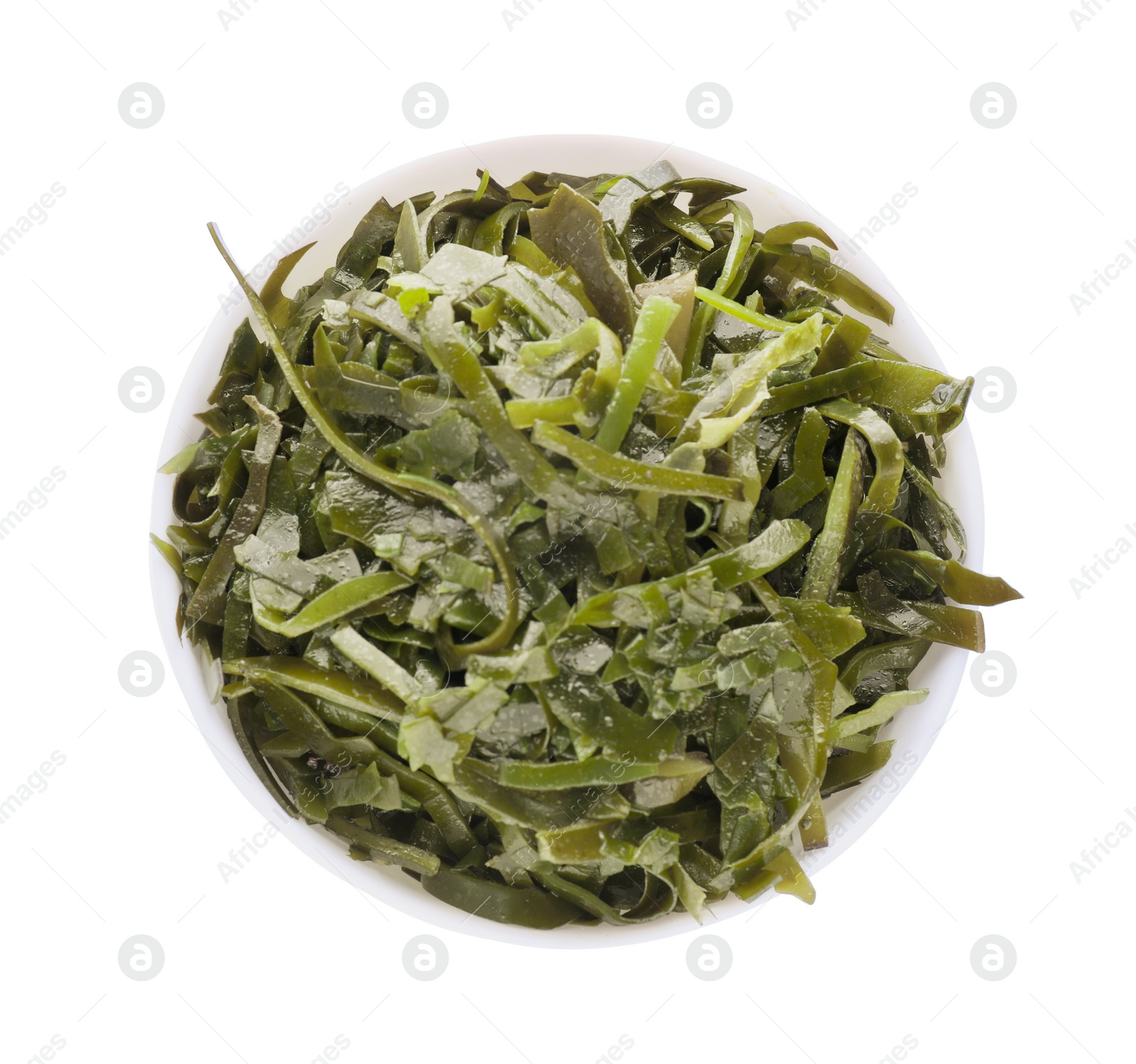 Photo of Fresh laminaria (kelp) seaweed in bowl isolated on white, top view