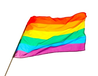 Photo of Bright rainbow gay flag on white background. LGBT community