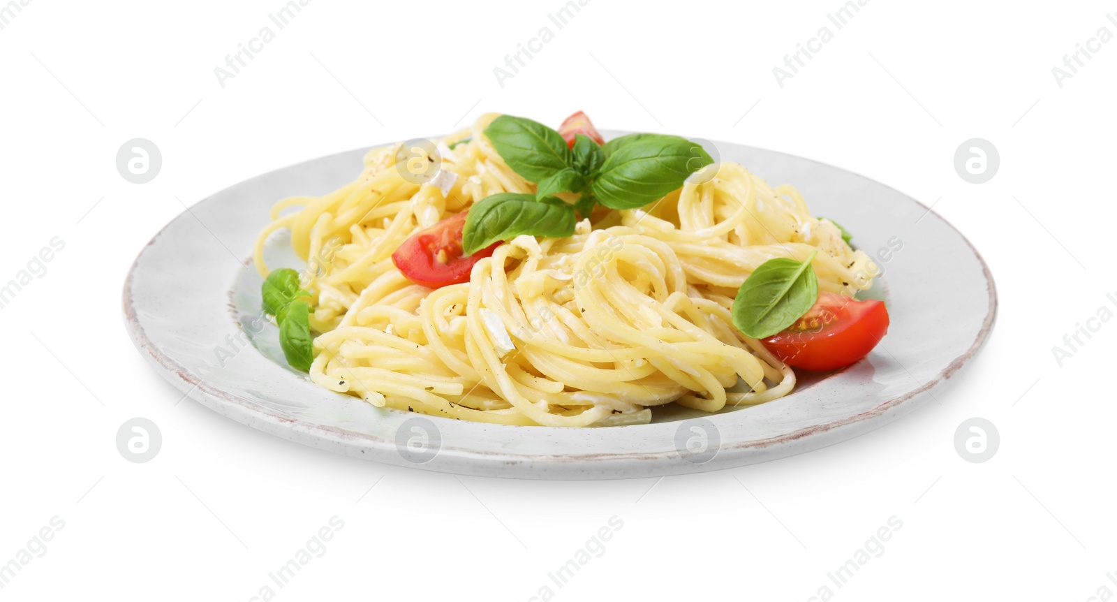 Photo of Delicious pasta with brie cheese, tomatoes and basil leaves on white background