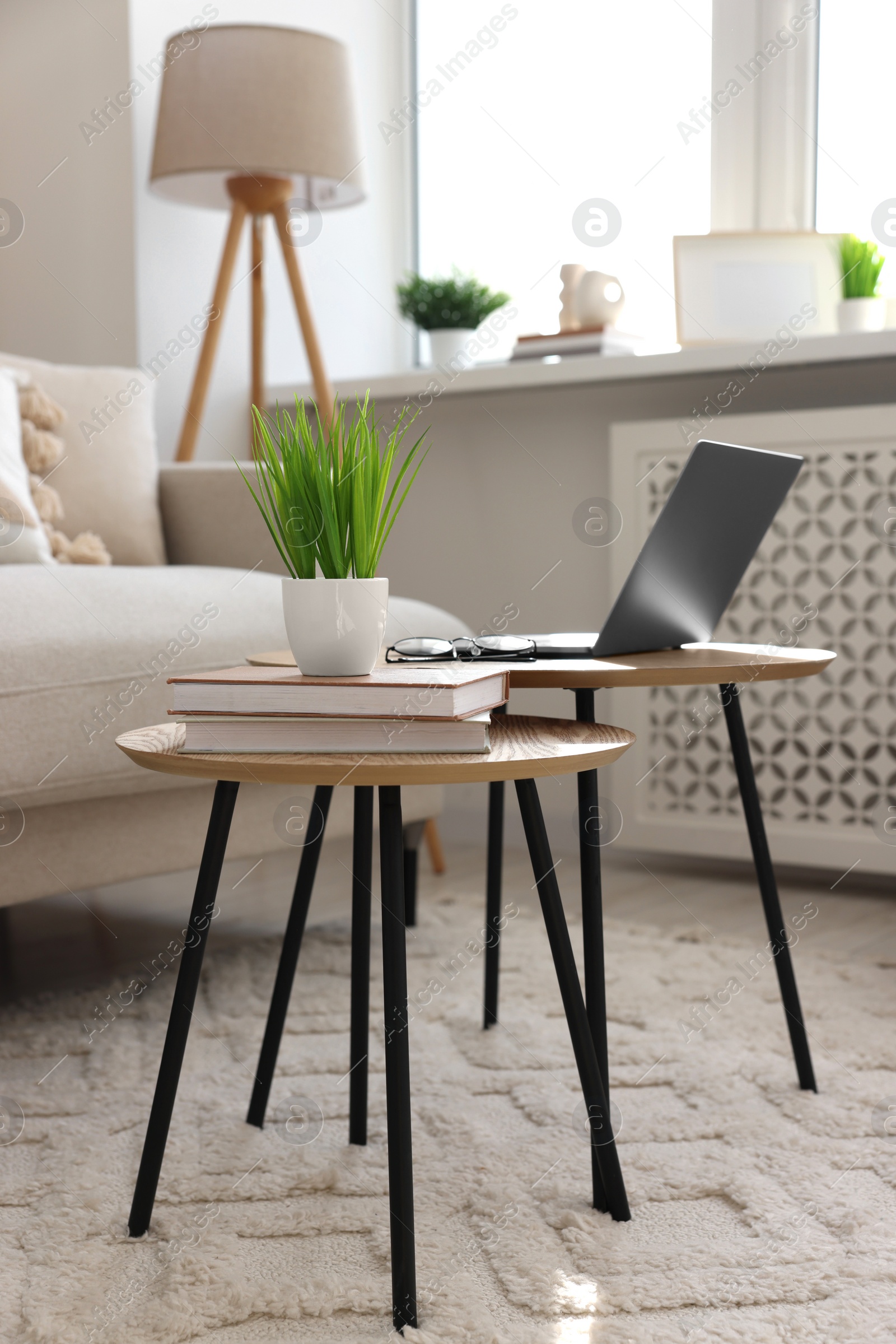 Photo of Potted artificial plant, laptop and books on wooden nesting tables indoors